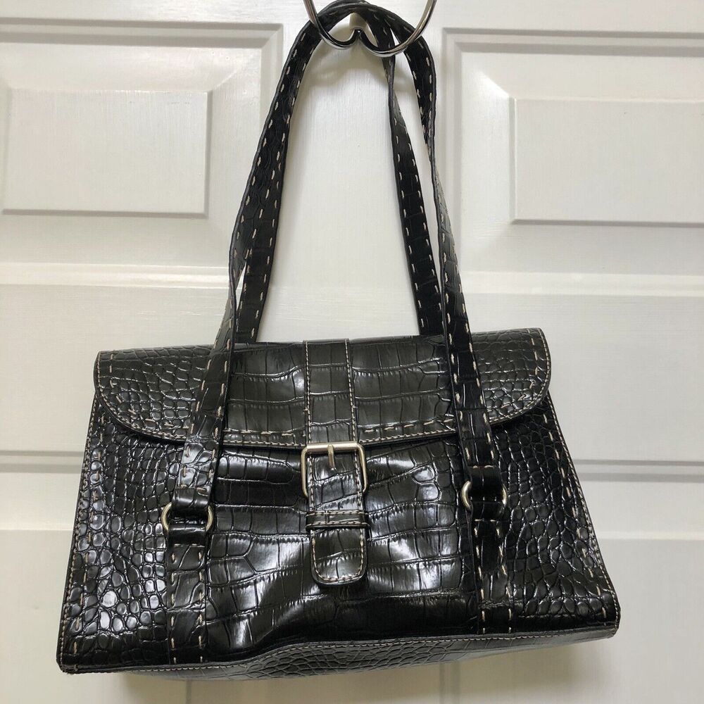 Liz Claiborne Black Faux Alligator Croc Shoulder Bag Purse Embossed Trimmed